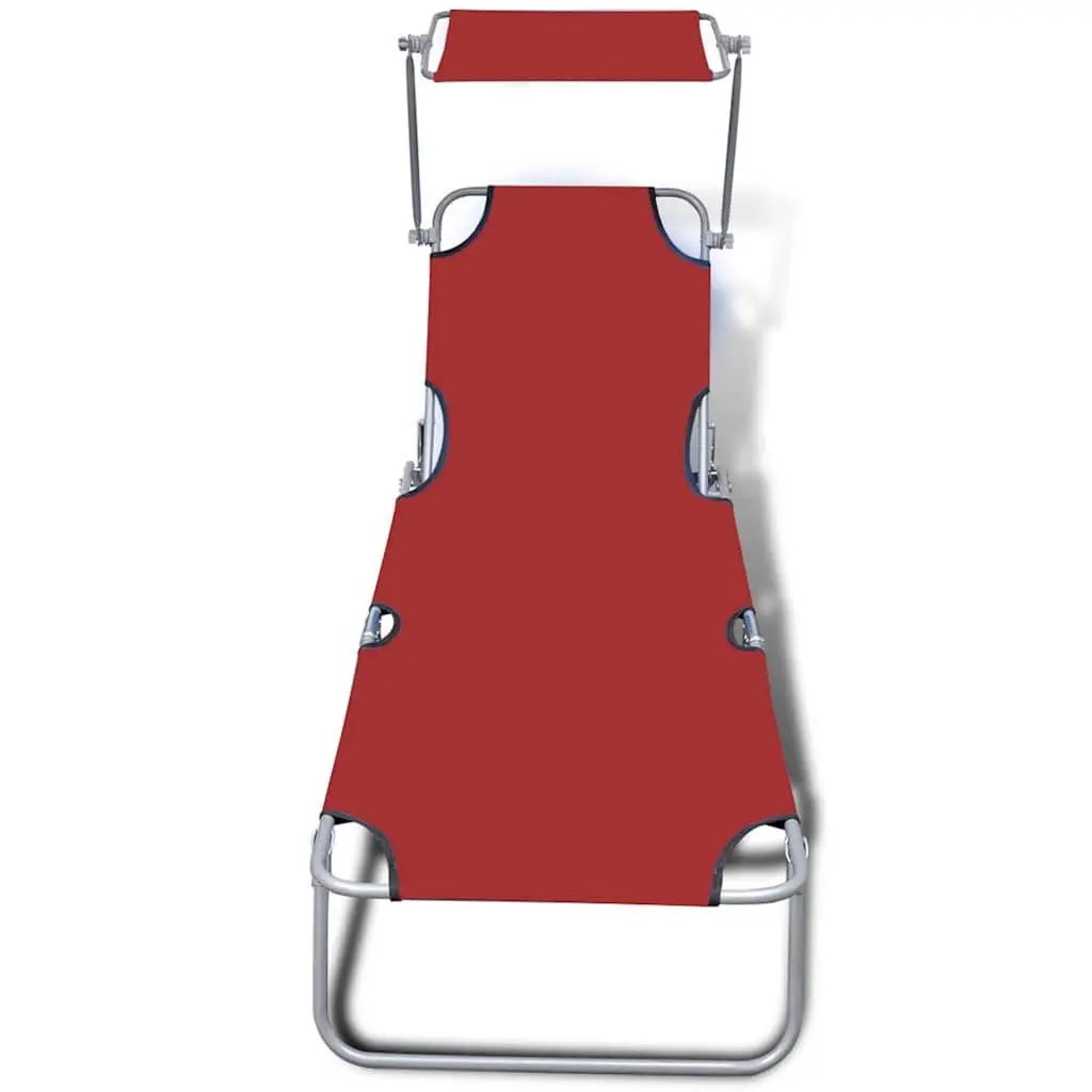Red Folding Sun Lounger with Canopy and Adjustable Backrest
