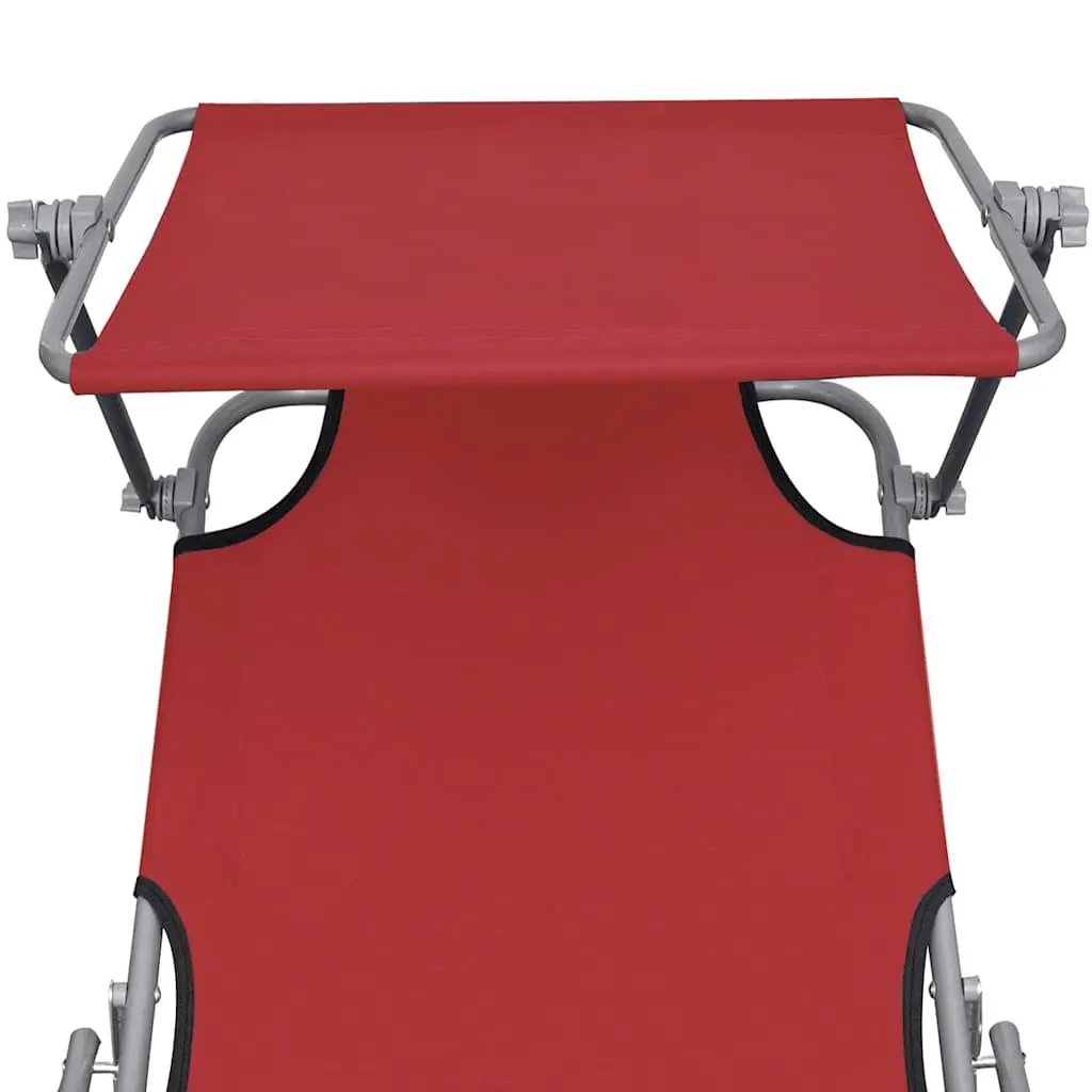 Red Folding Sun Lounger with Canopy and Adjustable Backrest