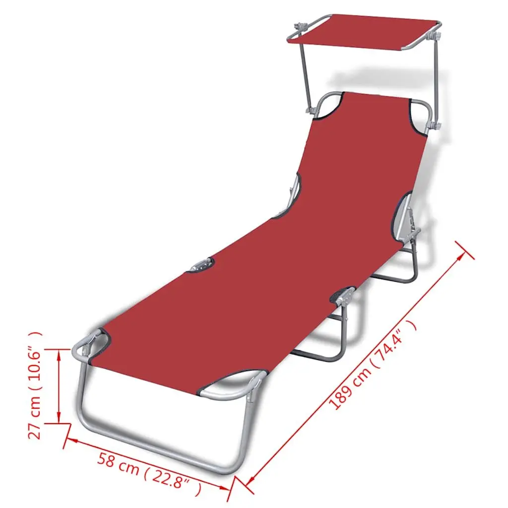 Red Folding Sun Lounger with Canopy and Adjustable Backrest