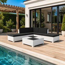 Garden Lounge Set 6 Piece Outdoor Furniture Poly Rattan White Cushions Coffee