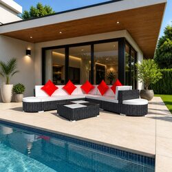 8 Piece Garden Lounge Set with Rattan and Steel Frame