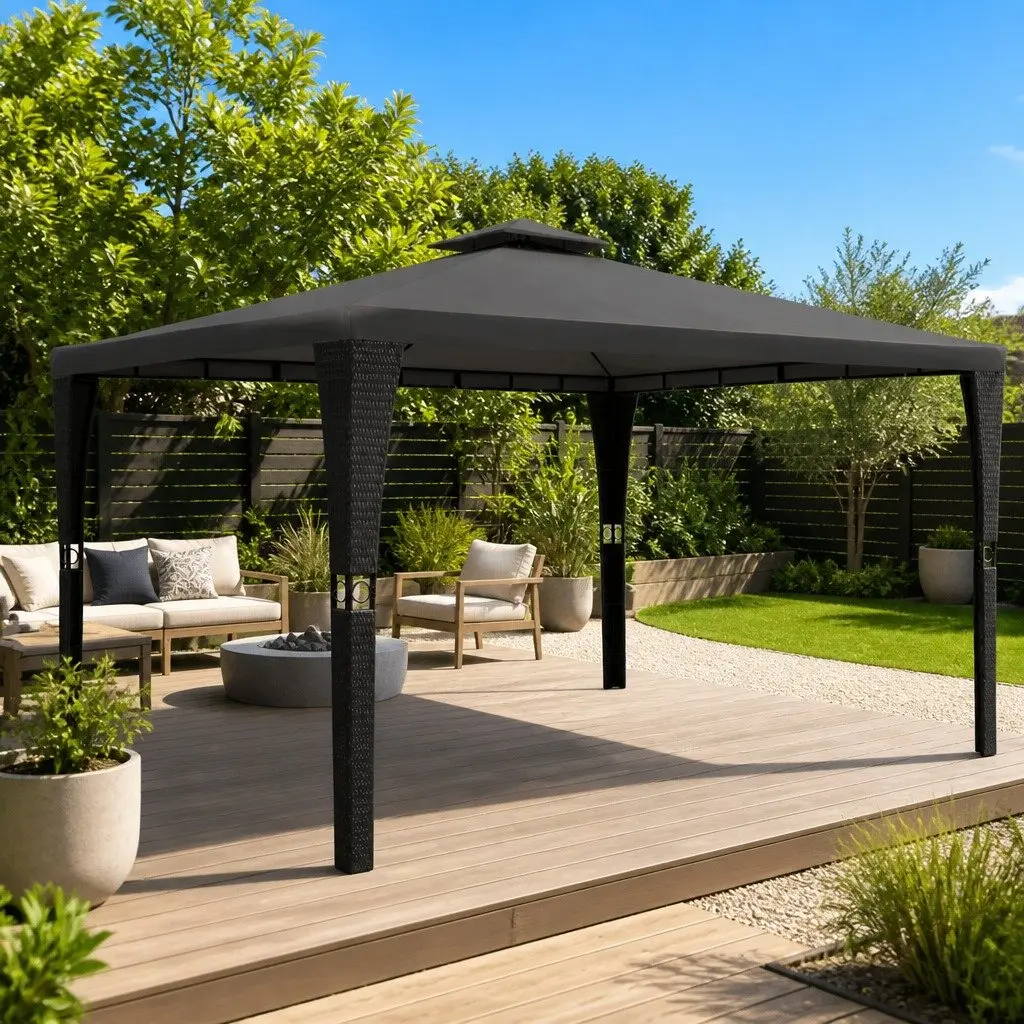 Garden Gazebo Outdoor 3x4m Poly Rattan Wicker Canopy Sunshade Pavilion Grey Roof