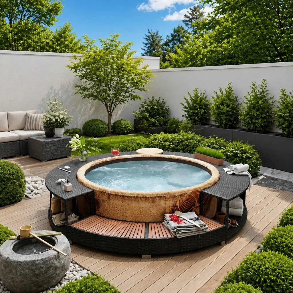 Poly Rattan Hot Tub Surround Black Spa Cabinet Round Inflatable Spa Storage