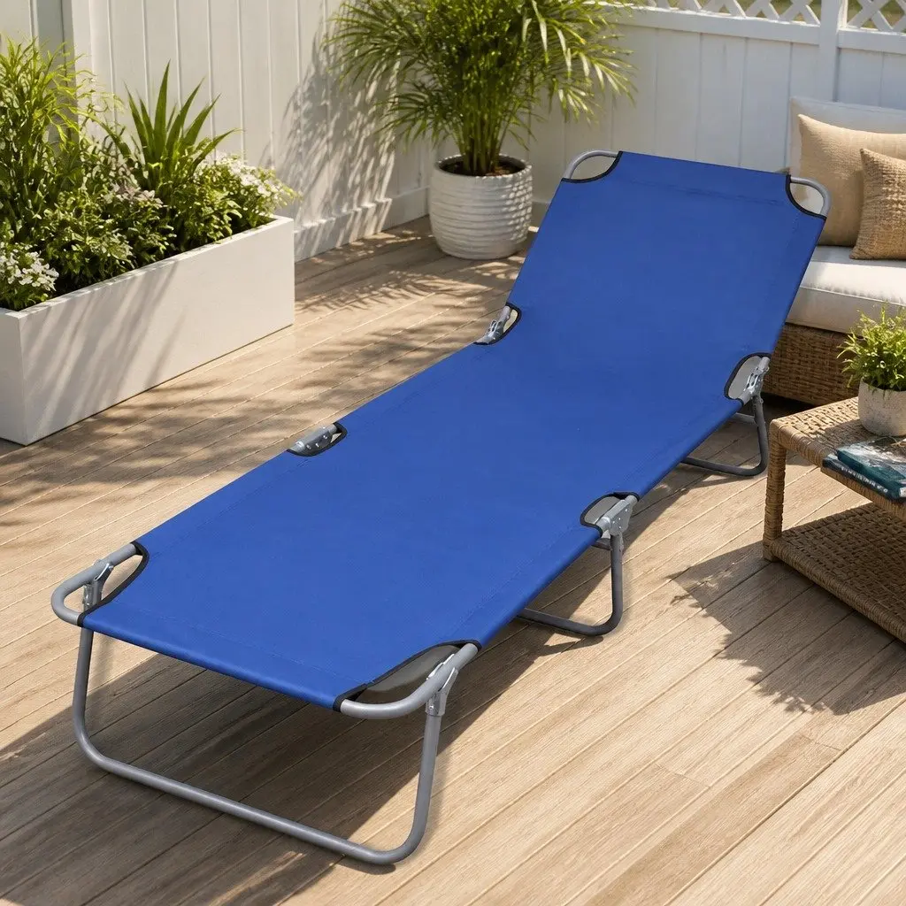 Blue Folding Sun Lounger with Adjustable Backrest