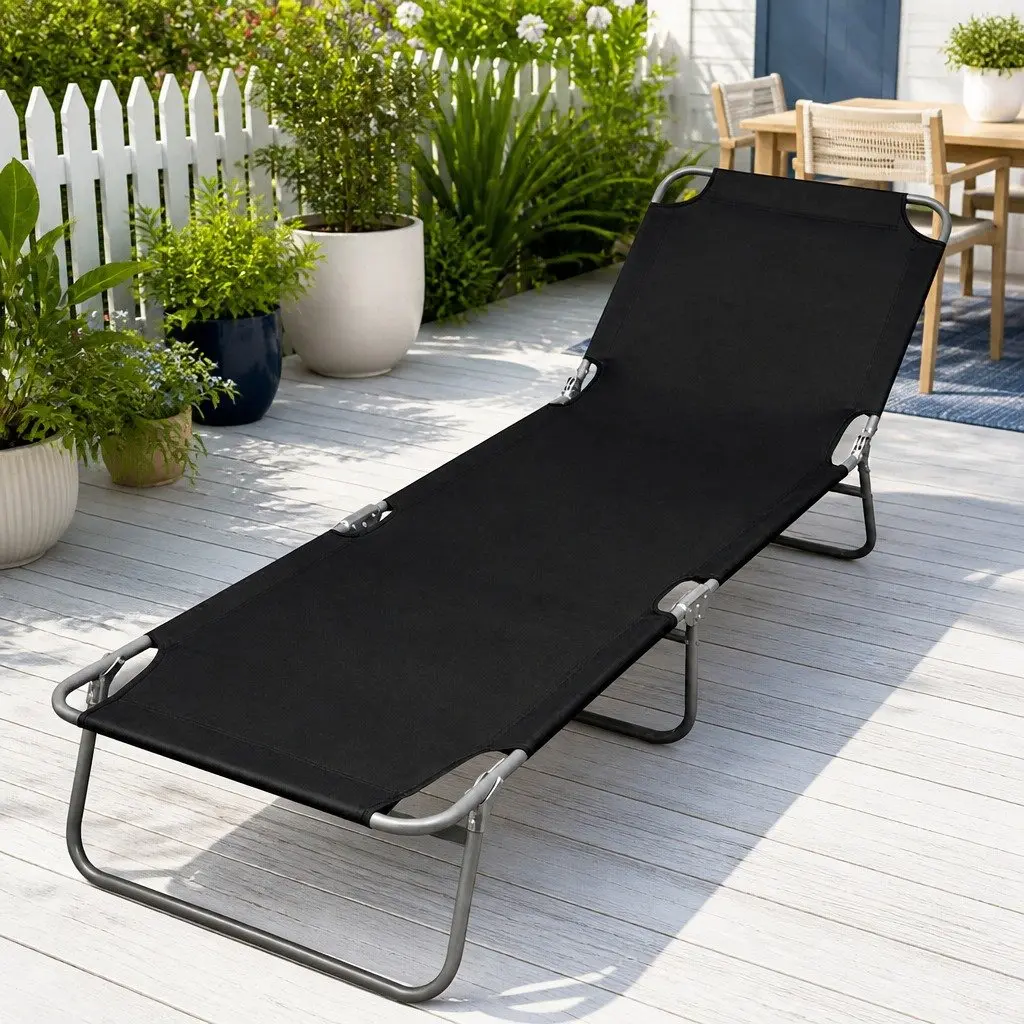 Sun Lounger Outdoor Garden Adjustable Backrest Folding Chair Black
