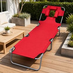 Red Folding Sun Lounger: Adjustable Backrest & Steel Frame