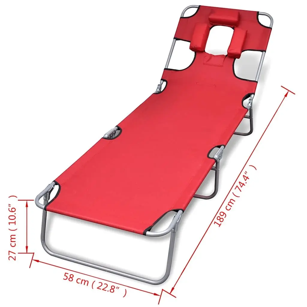 Folding Sun Lounger Red Outdoor Garden Reclining Beach Chair with Head Cushion