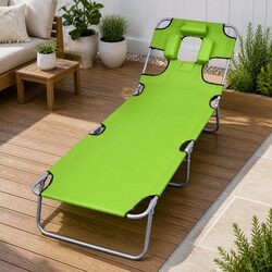Folding Sun Lounger with Head Cushion Adjustable Backrest Outdoor Seating Green