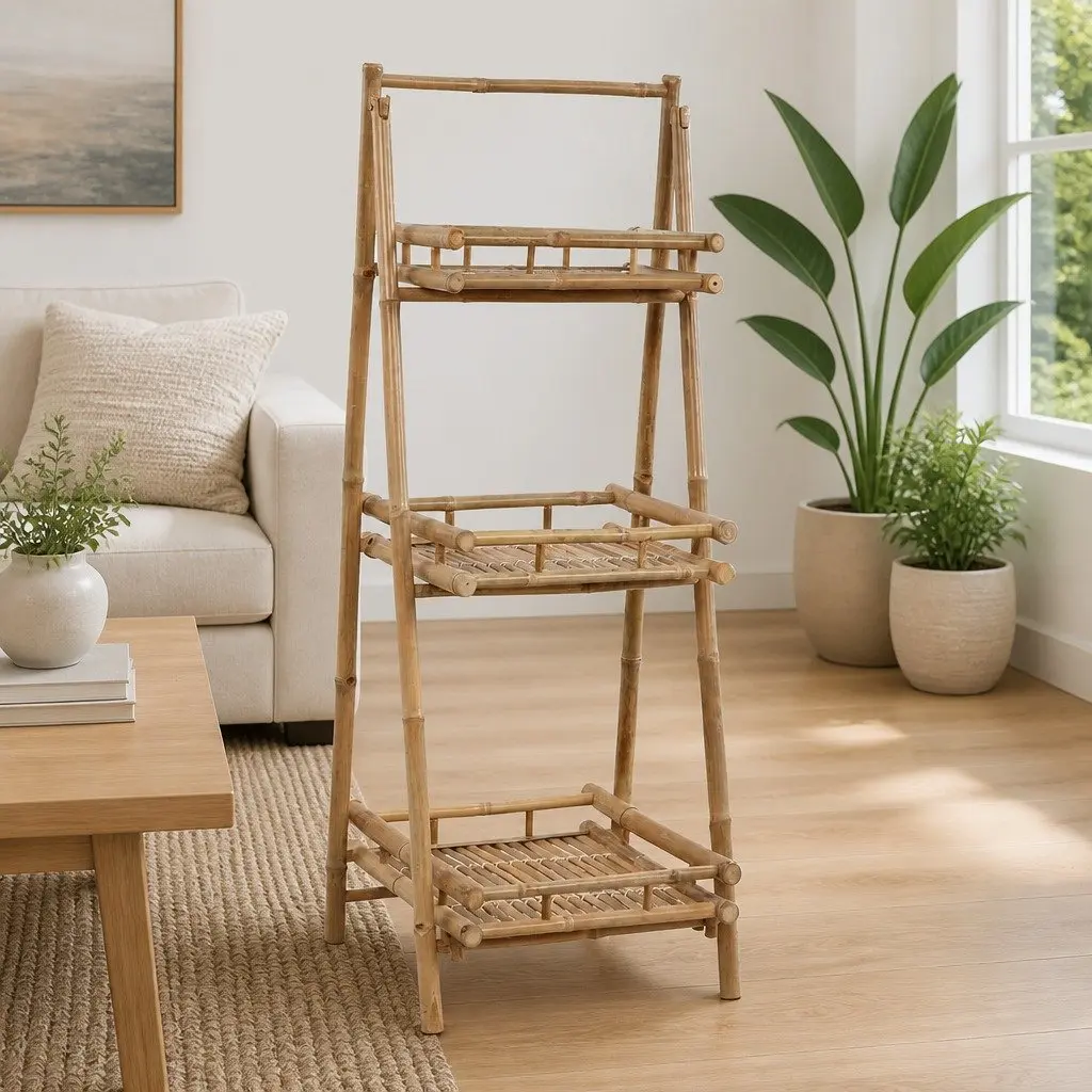3-Tier Folding Plant Rack Bamboo Shelf Stand Garden Patio Display Organizer