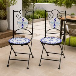 Folding Bistro Chairs Set of 2: Iron Frame & Mosaic Seat
