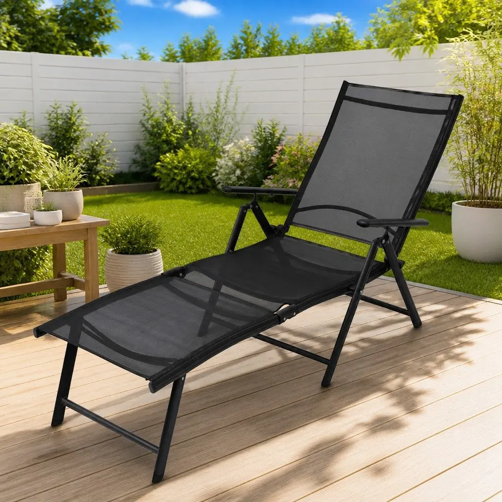 Folding Sun Lounger Outdoor Garden Beach Reclining Lounge Chair Black