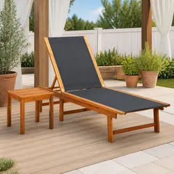 Acacia Wood Sun Lounger with Side Table - Outdoor Set