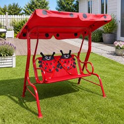 Red Kids Swing Seat: Steel Frame and Sunshade Canopy