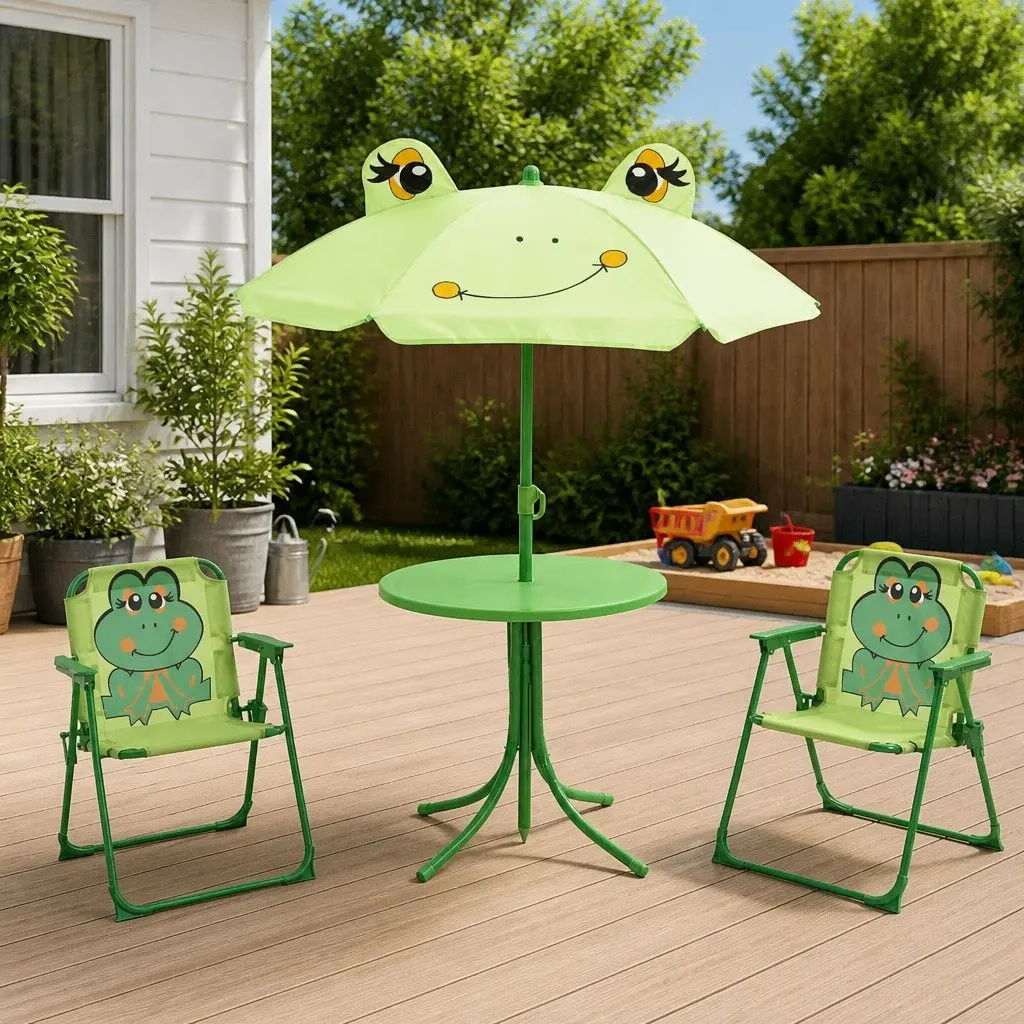 Kids Garden Bistro Set 3 Piece Outdoor Furniture Table Chairs Parasol Green