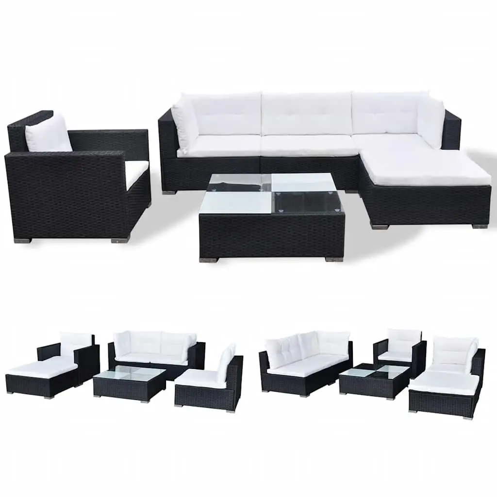 Garden Lounge Set 6 Piece Outdoor Patio Furniture Black Poly Rattan Sofa