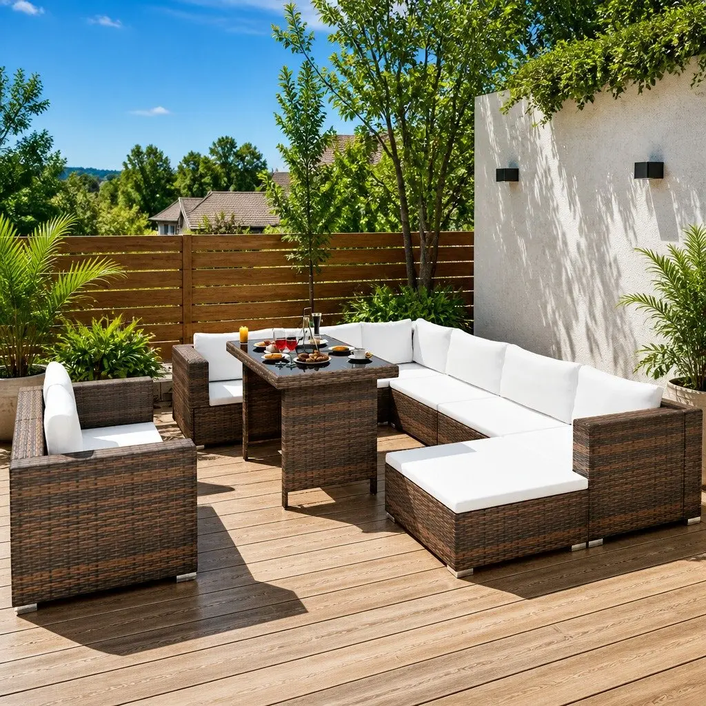 10 Piece Outdoor Garden Lounge Set with Cushions Brown Poly Rattan Furniture