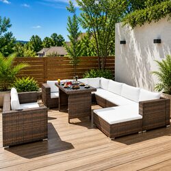 10 Piece Lounge Set: Brown Poly Rattan with Cushions