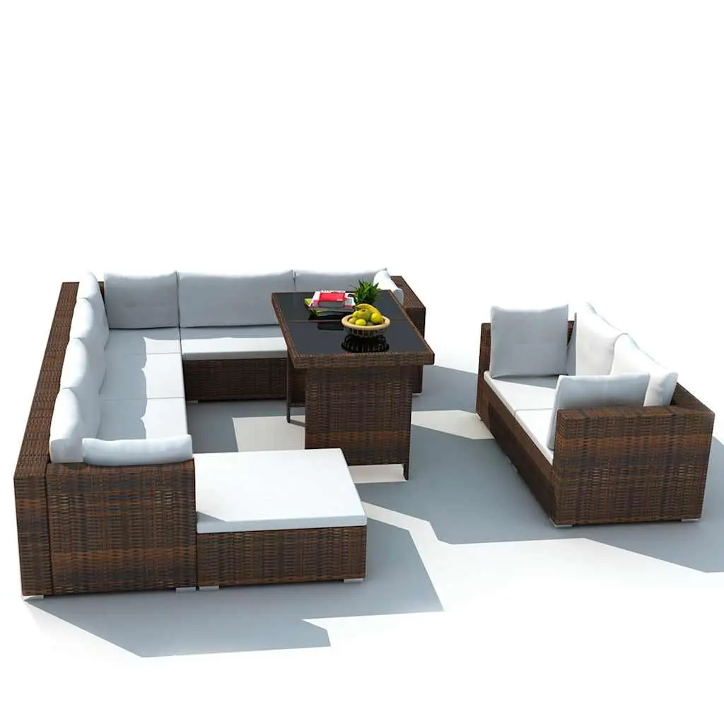 10 Piece Outdoor Garden Lounge Set with Cushions Brown Poly Rattan Furniture