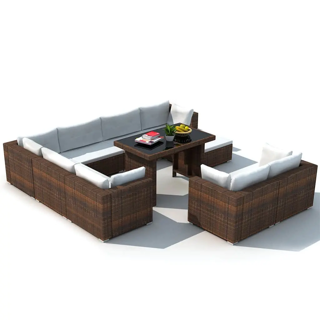 10 Piece Outdoor Garden Lounge Set with Cushions Brown Poly Rattan Furniture