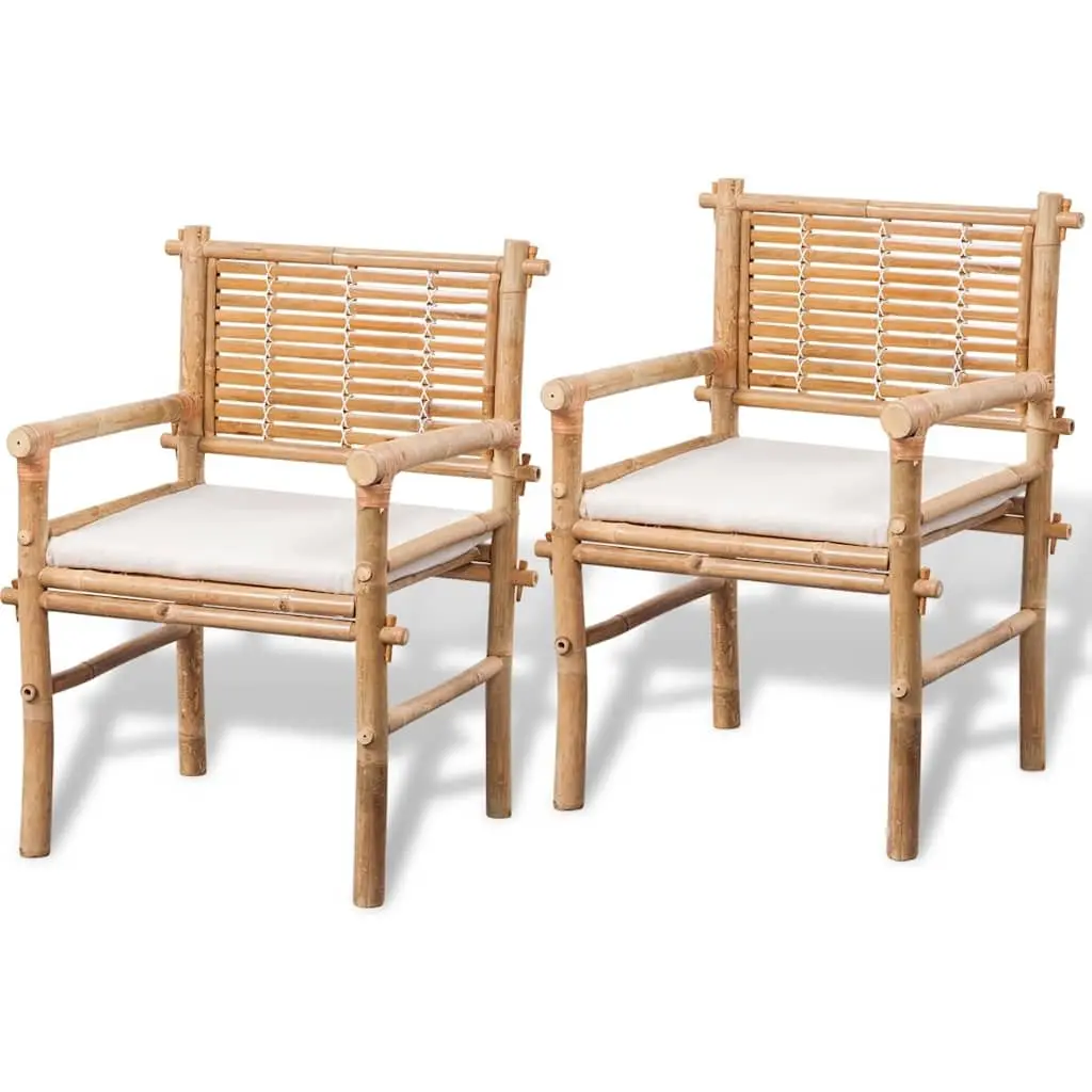 3 Piece Outdoor Bistro Set for Garden Brown Bamboo Table and Chairs with Seat Cushions