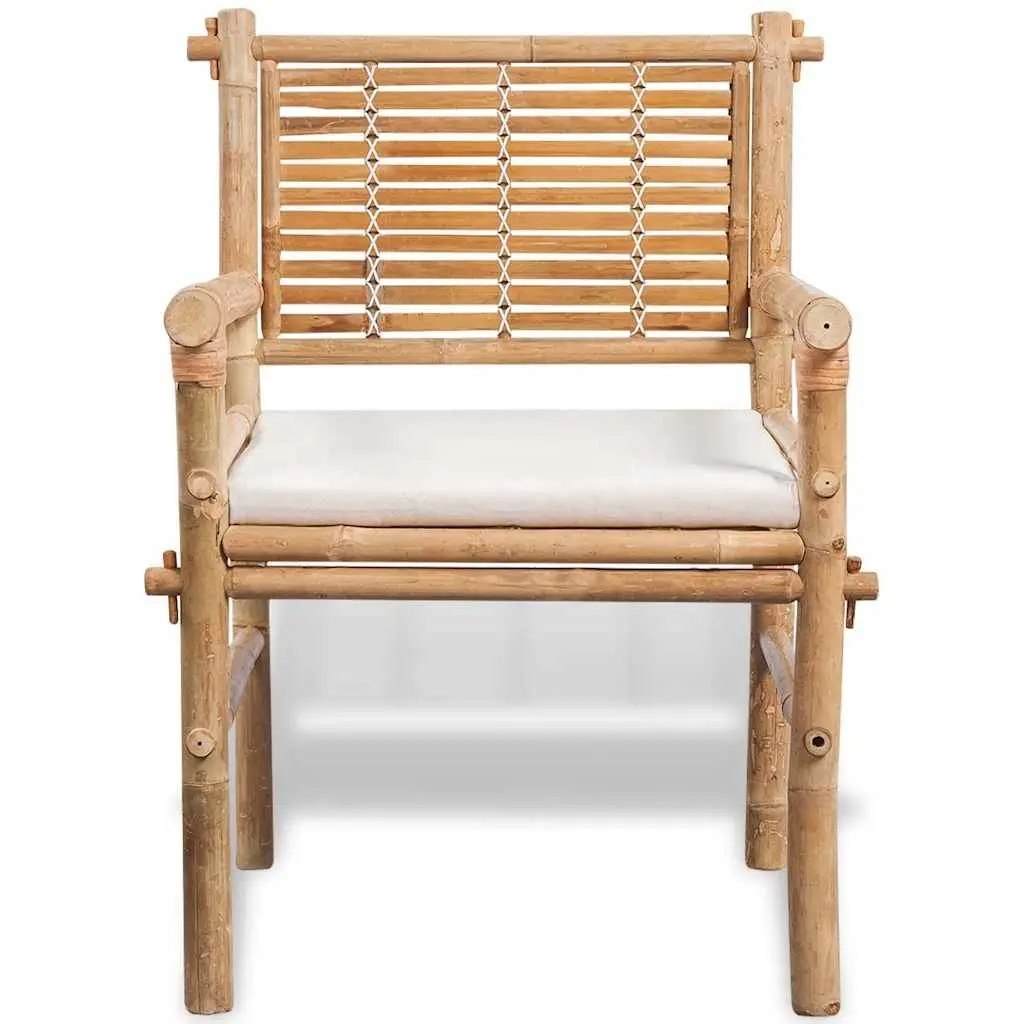 3 Piece Outdoor Bistro Set for Garden Brown Bamboo Table and Chairs with Seat Cushions