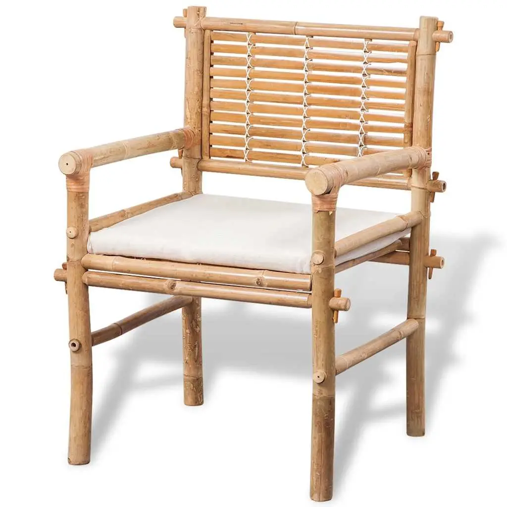 3 Piece Outdoor Bistro Set for Garden Brown Bamboo Table and Chairs with Seat Cushions