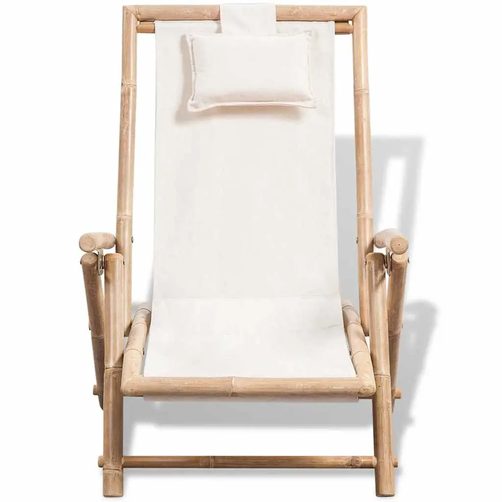 Outdoor Deck Chair Bamboo Canvas Adjustable Backrest Folding Garden Patio