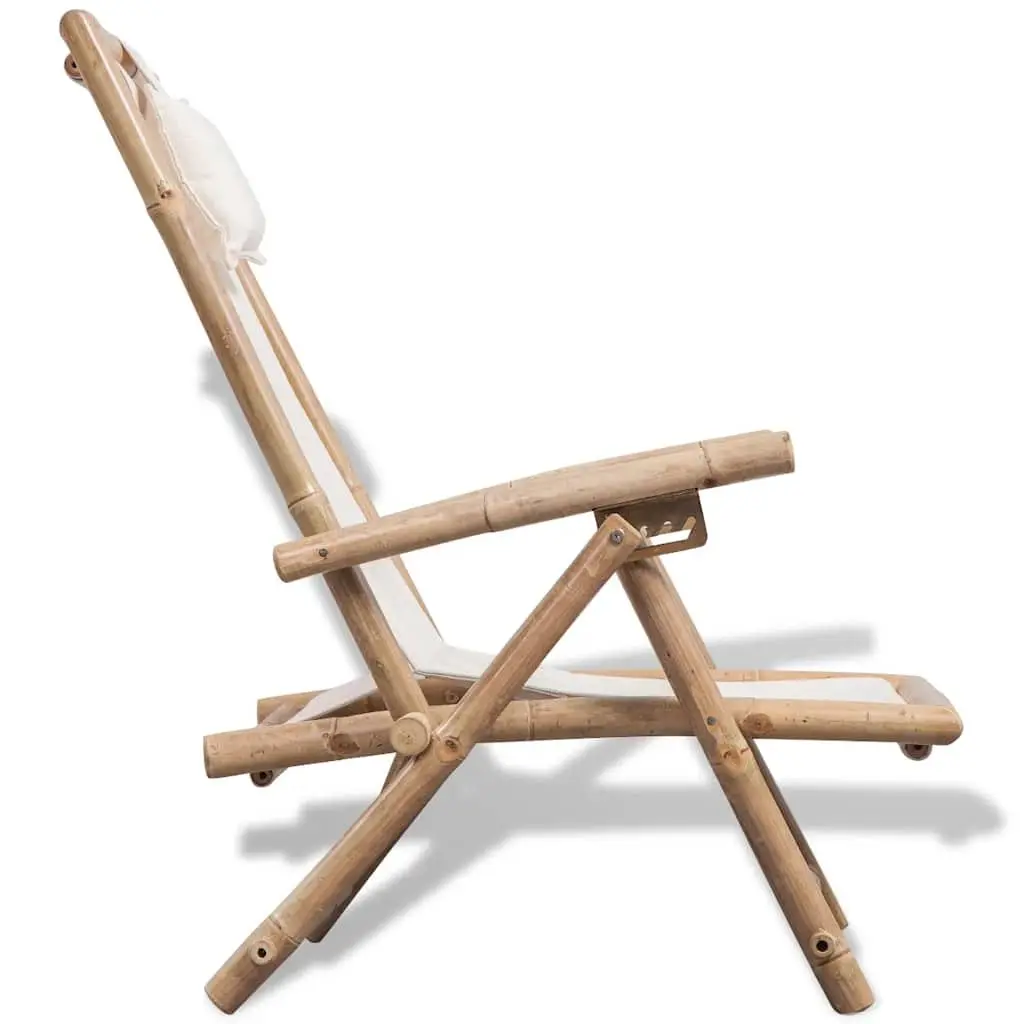 Outdoor Deck Chair Bamboo Canvas Adjustable Backrest Folding Garden Patio