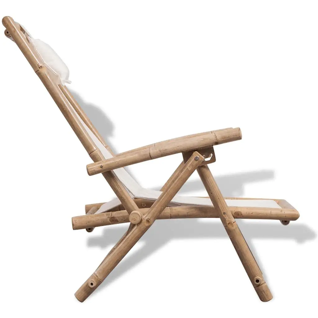 Outdoor Deck Chair Bamboo Canvas Adjustable Backrest Folding Garden Patio
