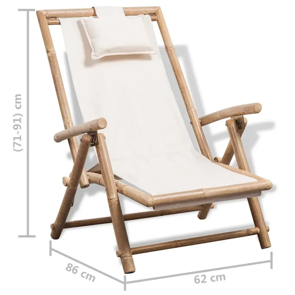 Outdoor Deck Chair Bamboo Canvas Adjustable Backrest Folding Garden Patio