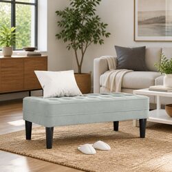 Bench with Cushion Light Grey Modern Velvet Ottoman Living Room Seating