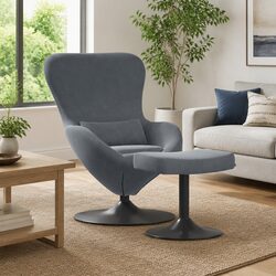 Egg Chair with Footstool: Grey Velvet, 360-Degree Swivel Base