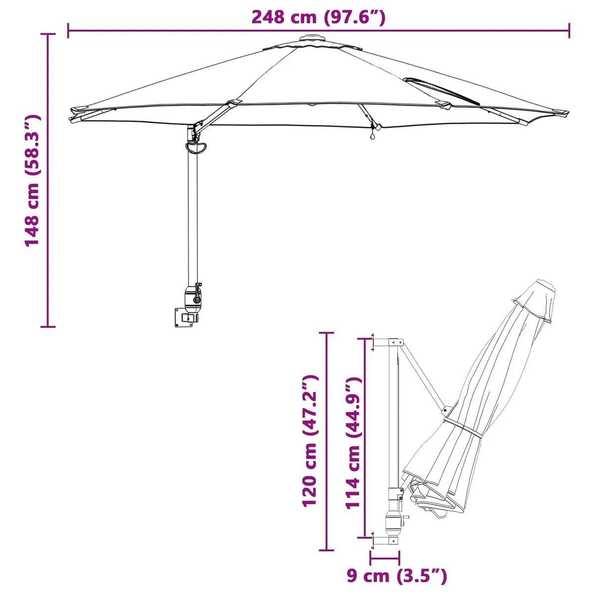 Black Outdoor Parasol with Solar Lights 248cm