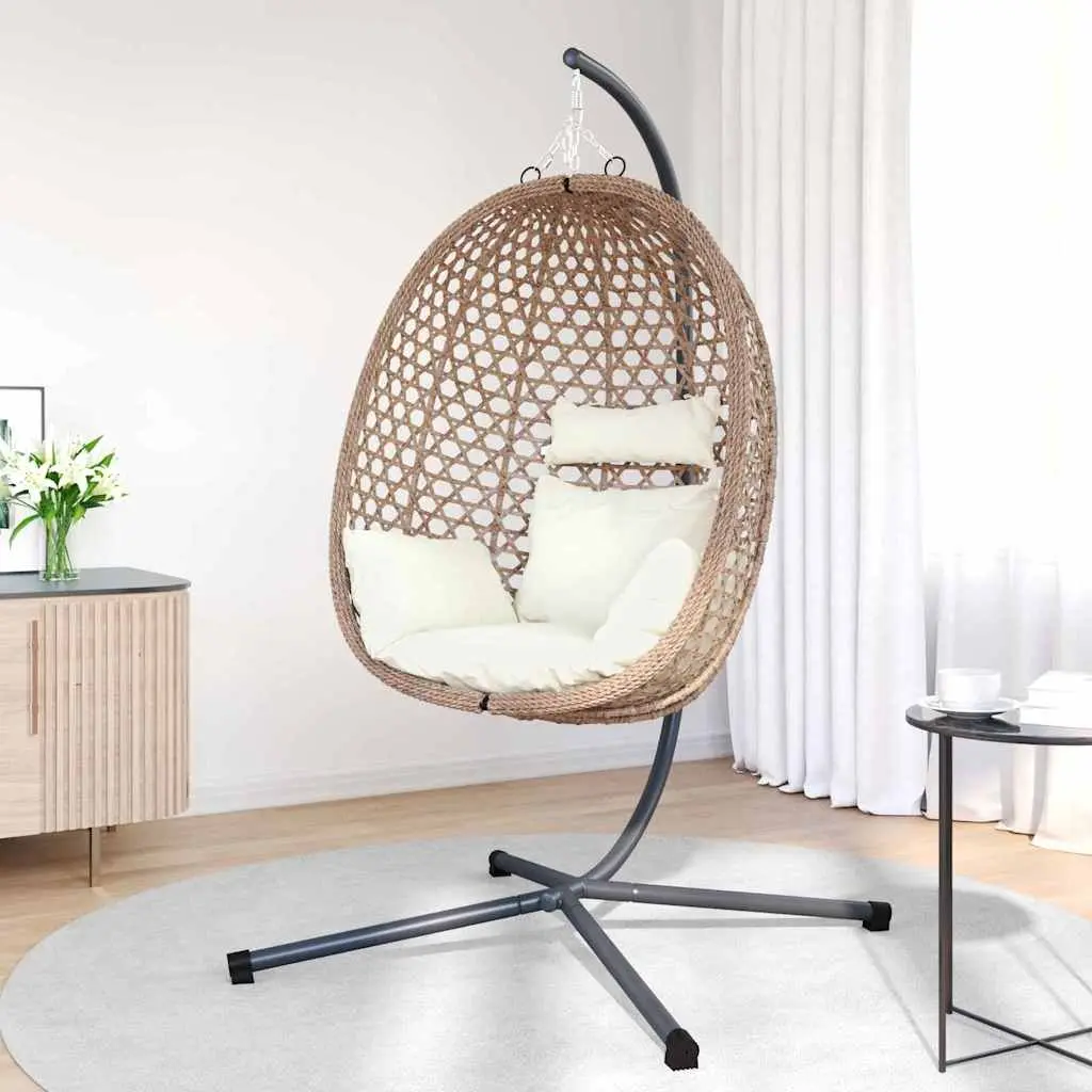 Hanging Egg Chair with Stand Indoor Outdoor Cream Poly Rattan 104 x 100 x 191 cm