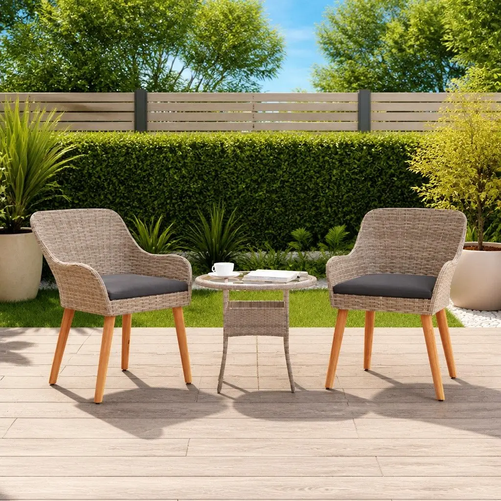 Outdoor Garden Chair Set 2pcs Black Poly Rattan Acacia Wood Legs Patio