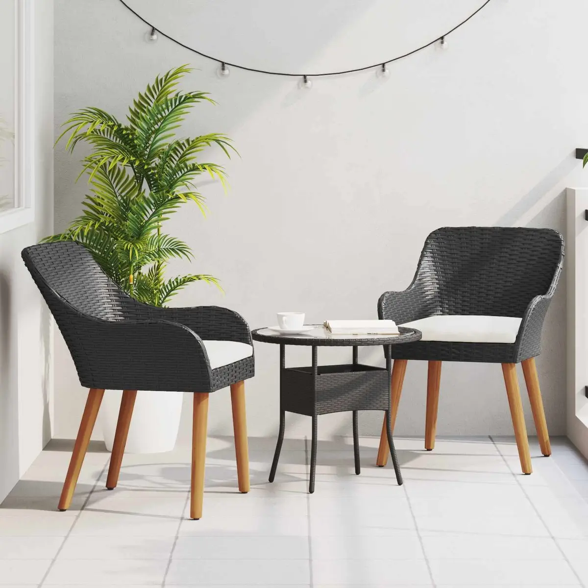 Outdoor Garden Chair Set 2pcs Black Poly Rattan Acacia Wood Legs Patio