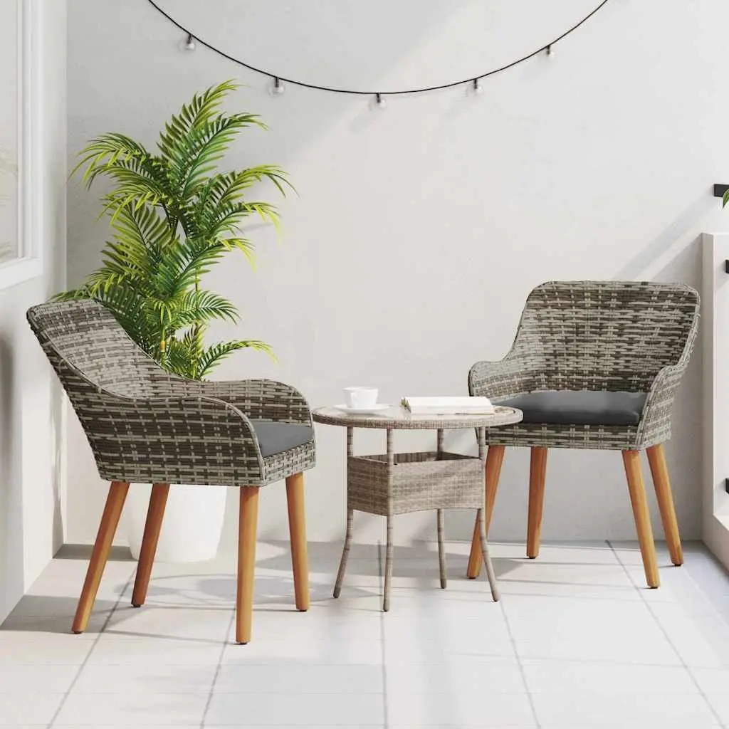 Outdoor Garden Chair Set 2 pcs Grey Poly Rattan Acacia Wood Legs Patio