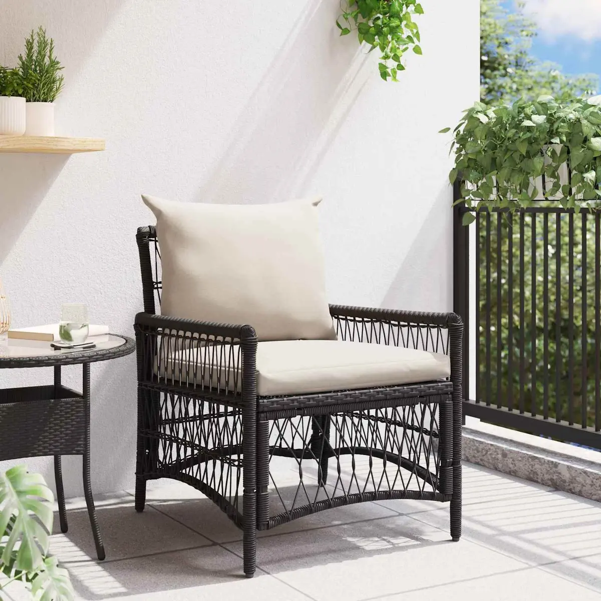 Outdoor Garden Chair for Patio and Garden Black Poly Rattan with Cushion 73 x 61 x 77 cm
