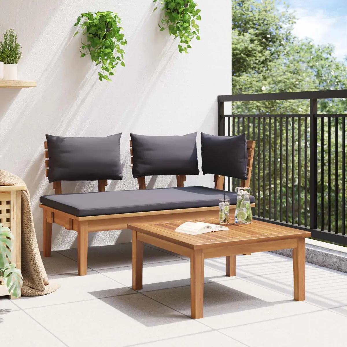 Garden Bench and Table Set 2 Pieces Outdoor Furniture Patio Teak Wood Grey