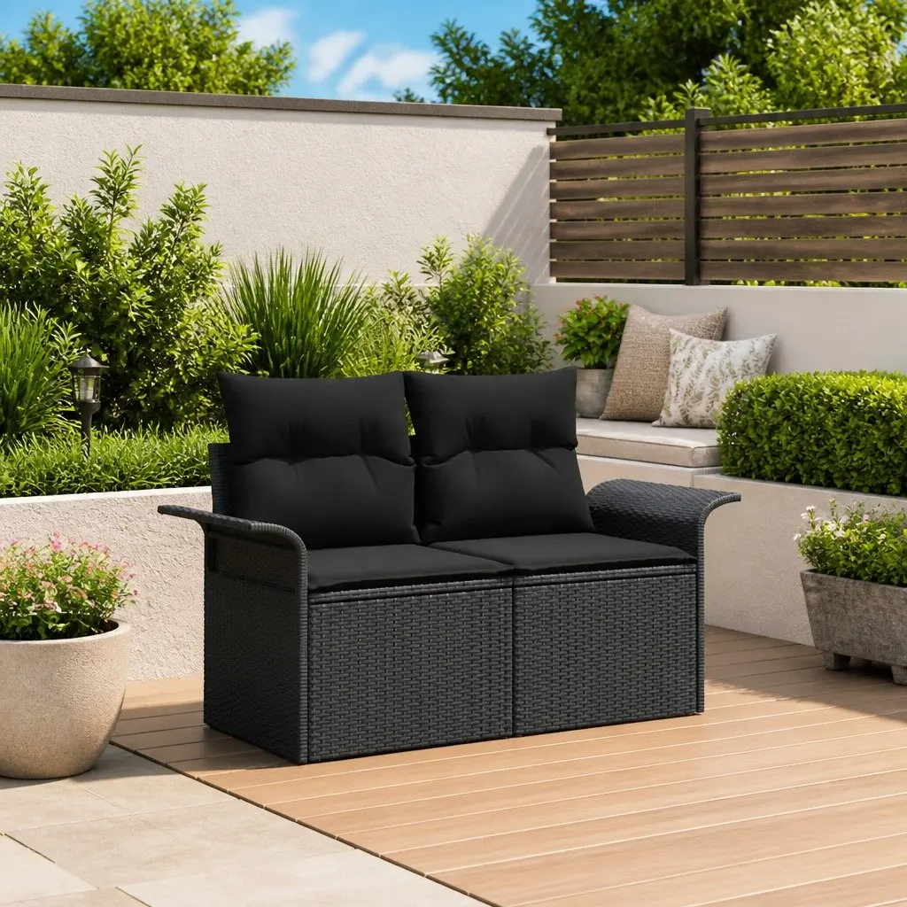 Outdoor Garden Sofa Black Poly Rattan with Cushion 141 x 62 x 69 cm