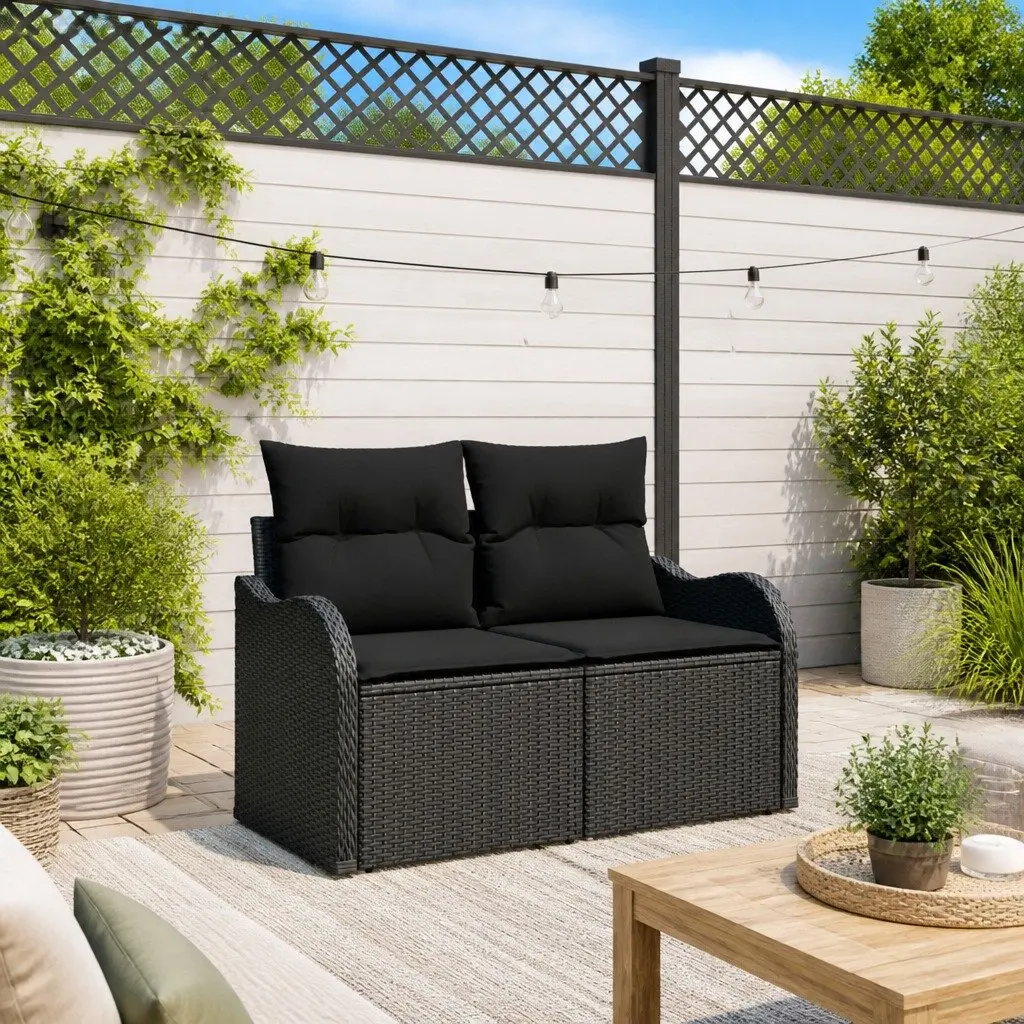 Outdoor Garden Sofa for Patio Black Poly Rattan with Cushion
