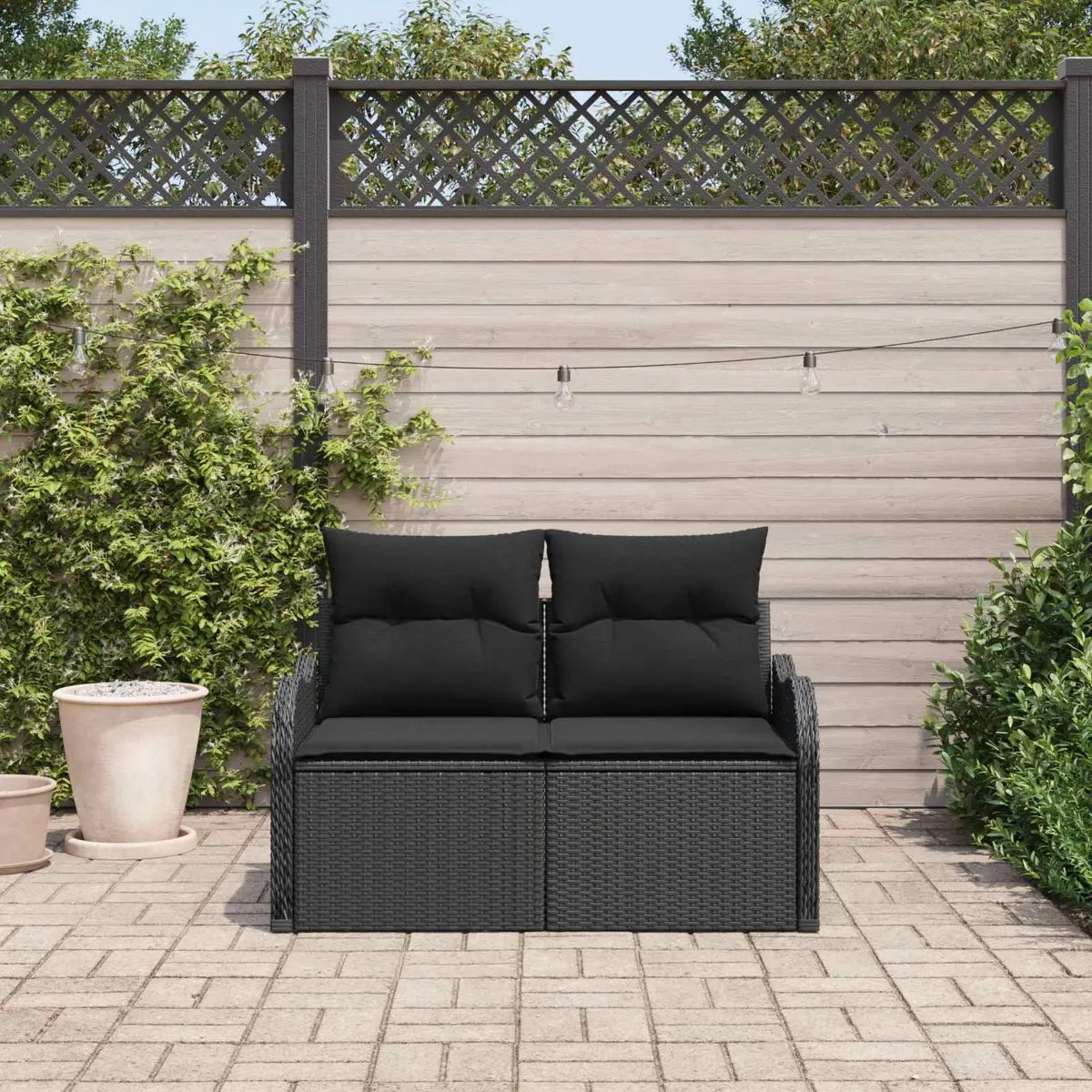 Outdoor Garden Sofa for Patio Black Poly Rattan with Cushion