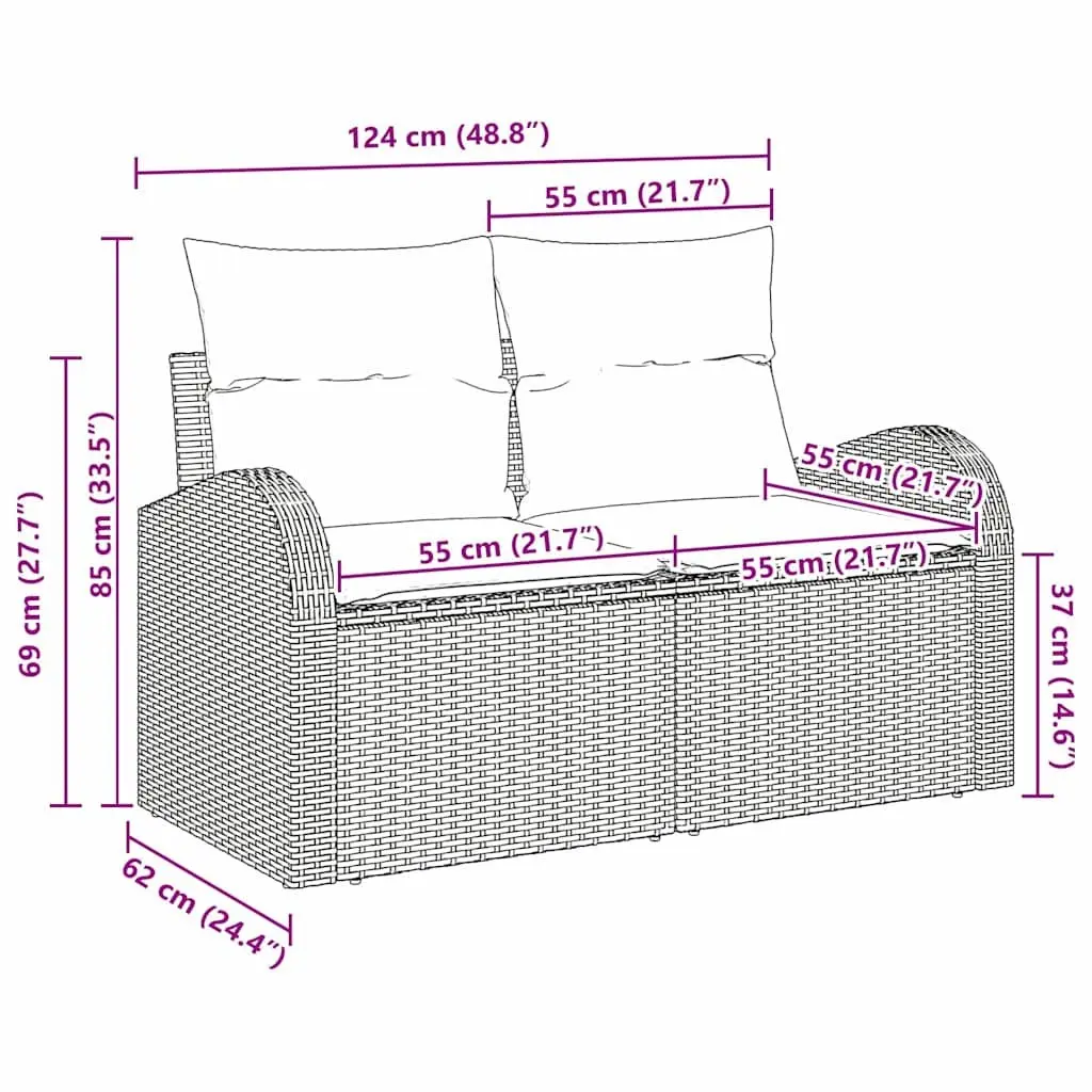 Garden Sofa Outdoor Terrace Black Poly Rattan Seating with Cushion 124 x 62 x 69 cm