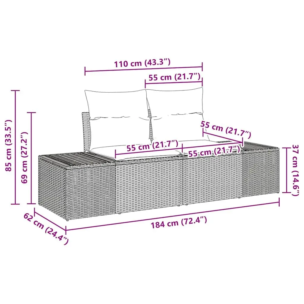Outdoor Garden Sofa Black Poly Rattan Patio Seating 184 x 62 x 69 cm