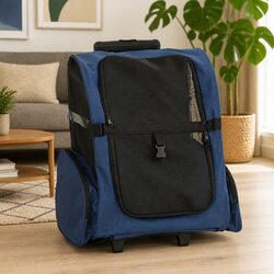 Pet Trolley 3-in-1 Rolling Carrier Backpack Hand Bag Blue Mesh Windows