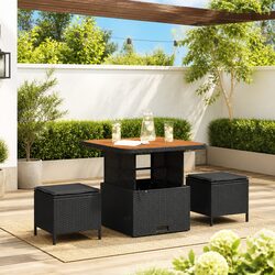 Garden Dining Set: Black Poly Rattan with Acacia Wood