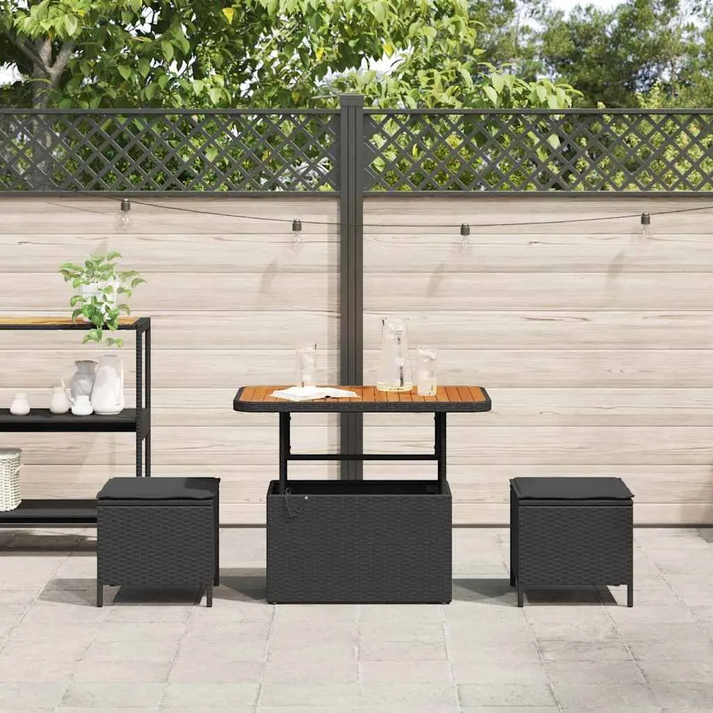 Outdoor Garden Dining Set Black Poly Rattan Acacia Wood 6 Piece Patio Furniture