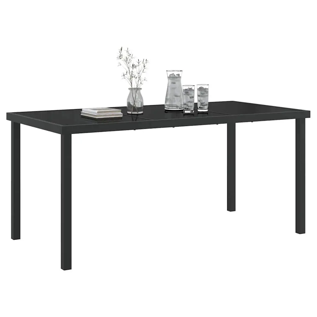 Garden Dining Table 160x80x73cm Black Metal Frame Tempered Glass Outdoor Patio