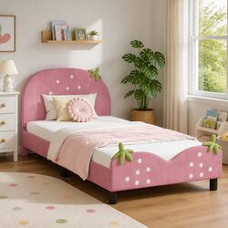Children's Pink Bed Frame - 90 x 190 cm Velvet Upholstery