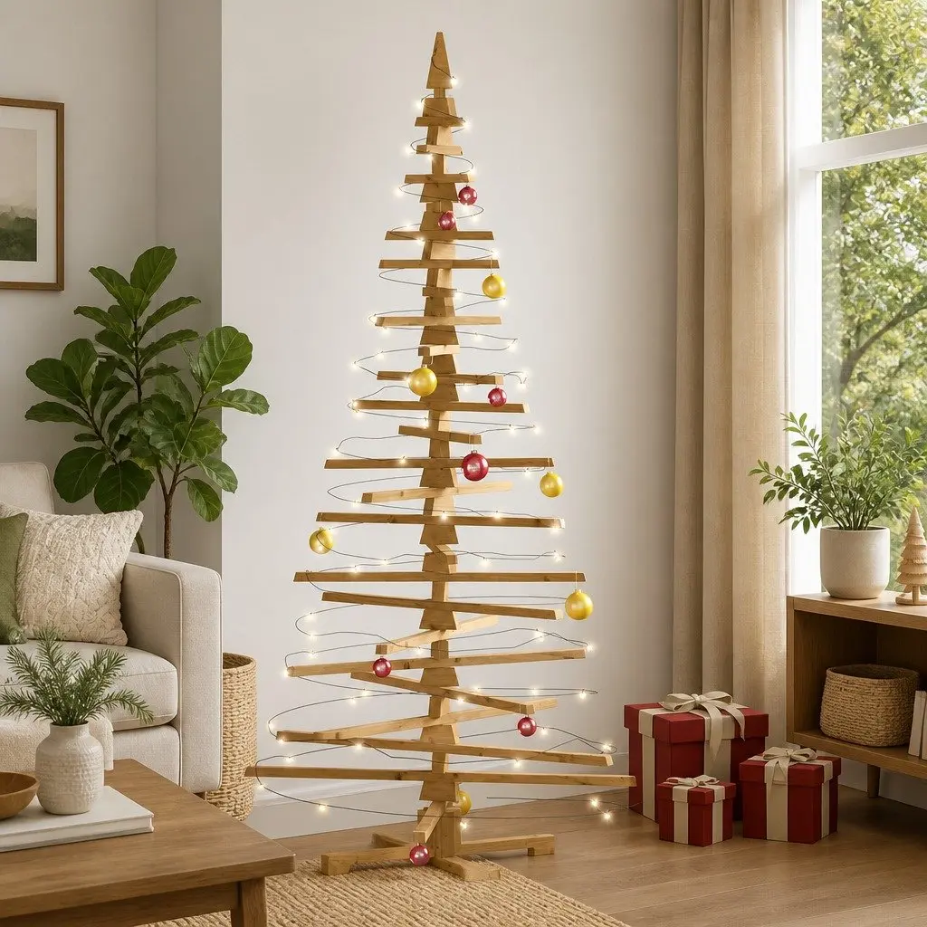 Wooden Christmas Tree Indoor Outdoor 210 cm Brown Solid Pine Adjustable Branches DIY